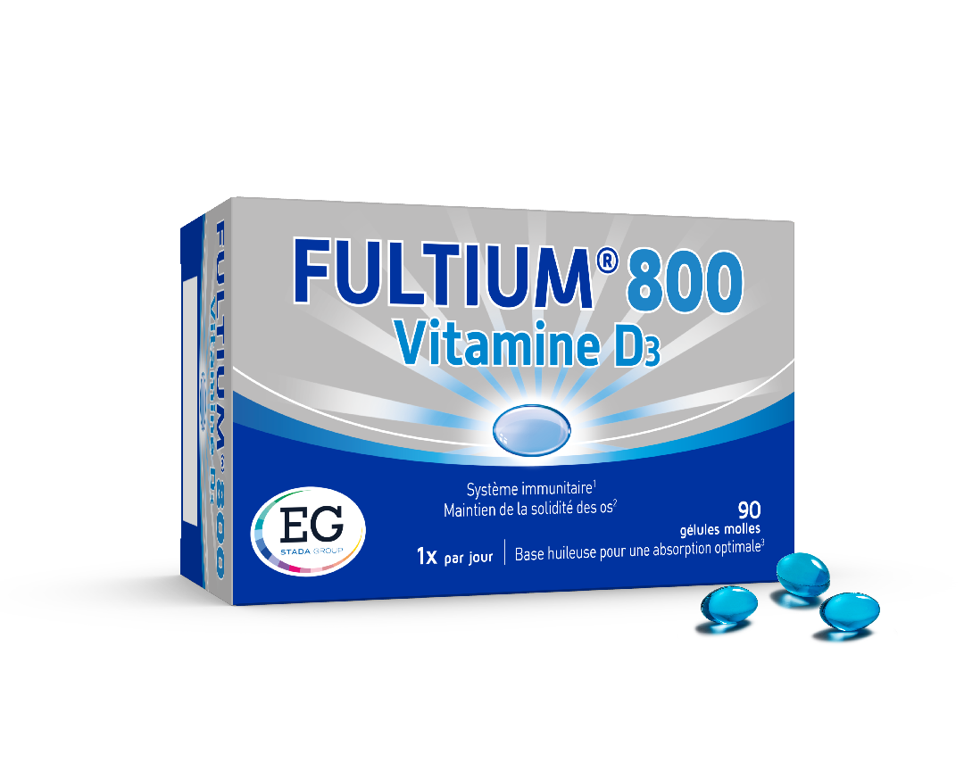 Fultium contient la quantité journalière optimale de vitamine D dans une petite capsule bleue, pour briller tous les jours de l'année!